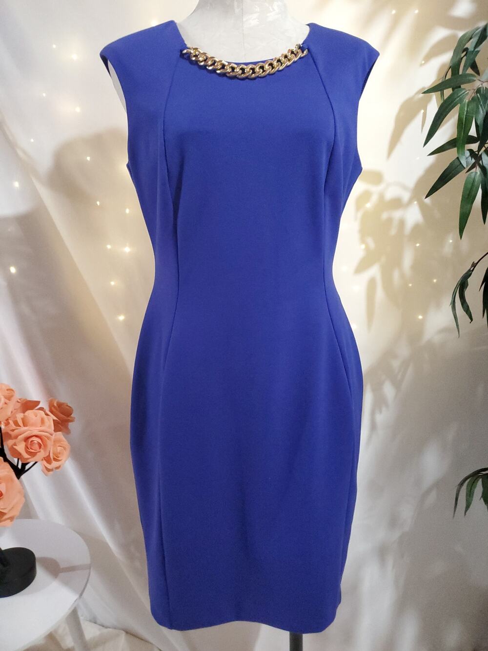 Calvin Klein Dark Malard Chain Link Necklace Sheath Dress Size 10 Scuba Stretch